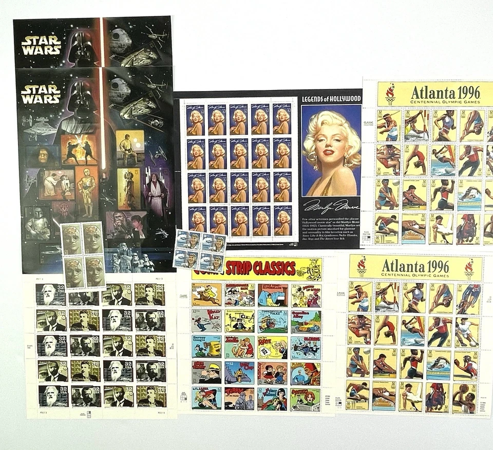 Lote de hojas de estampillas postales Star Wars, cómics clásicos, Marilyn Monroe, 1996 Olympic Foto 1 de 4