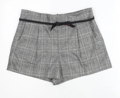 Topshop Women Grey Check Paperbag Shorts Size 12 Belted Pleated - Image 1 of 4