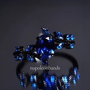 Damenring Kornblume blauer Saphir schwarz Rhodium Sterlingsilber Blattband " - Bild 1 von 9