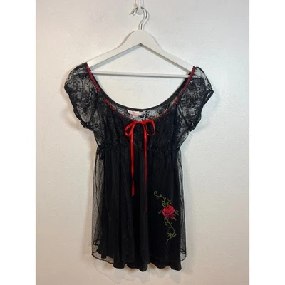 Vestido Babydoll Victoria's Secret Negro Encaje con Manga Sin Cordones Lazo Rojo Talla M Foto 1 de 4