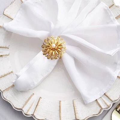 4 Gold 2 in Pearl Daffodil Flower Design Metal NAPKIN RINGS Party Event Supplies - Image 1 of 4