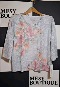 Alfred Dunner Petite Womens T-Shirt 3/4 Sleeve Flower Print Grey PXL - Picture 1 of 5