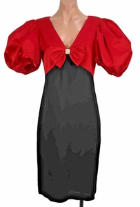 Vintage 80s Prom Dress Gown Puffy Sleeve Satin Red Black Evening Dress Cattiva 8 - Picture 1 of 11