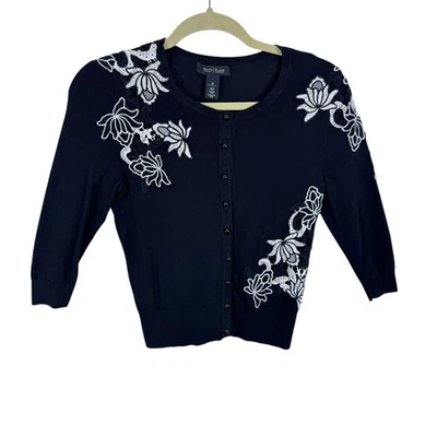 White House Black Market Black White Embroidered Sequin Cropped Cardigan Size XS - Image 1 of 4