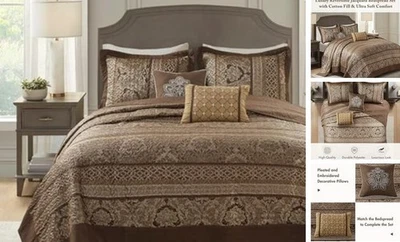  Bellagio Reversible Quilted Bedspread Set, Solid Oversized King Brown/Gold - Image 1 of 4