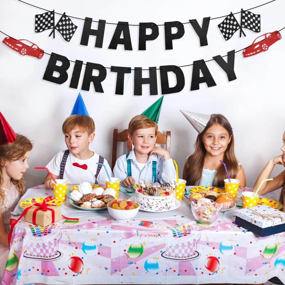 Banner de cumpleaños de coche de carreras - Bandera a cuadros, feliz cumpleaños, blanco y negro -... Foto 1 de 4