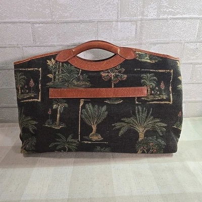 Large Tommy Bahama Bag Tapestry Palm Tree Beach Leather Trim Handbag Tote 17" - Image 1 of 4