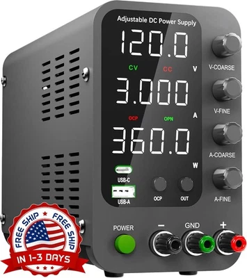 Fuente de alimentación CC 变量,0-120 V,0-3 A,con USB de 20 W y tipo C 全新 — 第 1/4 张图片