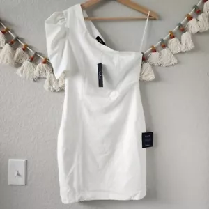 Lulus Stay Gorgeous White One Shoulder Puff Sleeve Mini Dress Elegant Formal M - Picture 1 of 12