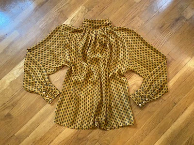 Vintage 1980s Yellow Ochre Diamond Pattern Faceted Button Up High Collar Blouse - Image 1 of 4