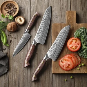 Damastmesser Set mit Micarta Griff  (3 Messer), Küchenmesser, Geschenk, Hezhen - Bild 1 von 6