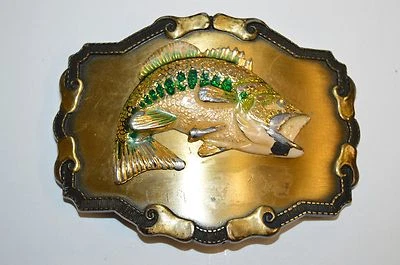 Hebilla de cinturón vintage 1978 Rain Tree 3D pez pescador de pesca tono latón Foto 1 de 4
