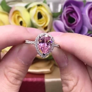 2.00 Ct Pear Cut Pink Created Halo Wedding Engagement Ring 14k White Gold Finish - Picture 1 of 9
