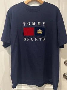 Rare Vintage TOMMY HILFIGER Big Flag Graphic Crown T Shirt 90s Navy Blue LARGE?? - Picture 1 of 12