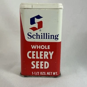 Schilling Whole Celery Seed Tin 1-1/2 oz Empty Plastic Top Uses For On Back VTG - Picture 1 of 6