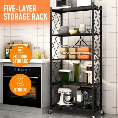 5 Tier Foldable Shelf Metal Display Rack Wheels Bookcase Storage Capacity 100kg - image 1 of 4