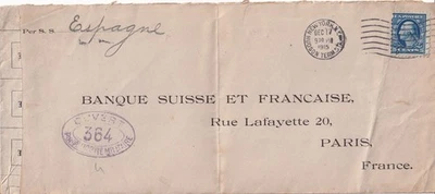 US New York Bank of Montreal 1915 to Paris France censored cover SA65 - Image 1 of 2
