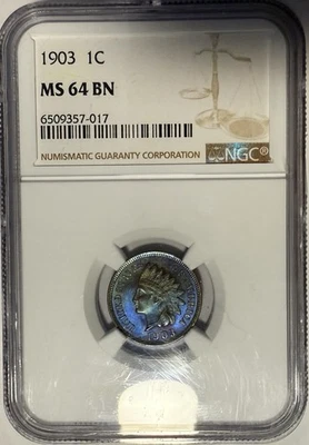 1903 Indian Head Cent 1¢ NGC MS64 BN💎INSANE DEEP BLUE & PEUPLE MONSTER TONER💎 - Image 1 of 4
