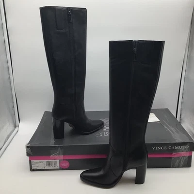 Vince Camuto Womens Black Leather Block Heel Tall Boots Size 6M Narrow Calf New - Image 1 of 4