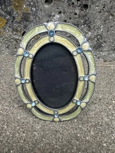 Metal Enamel Oval Mini Photo Frame Rhinestone Green Blue Yellow - Picture 1 of 3