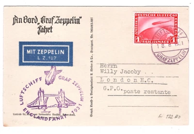 GERMANY An Bord Postcard GRAF ZEPPELIN 1m Air 1931 *ENGLANDFAHRT* London KZ210 - Image 1 of 4
