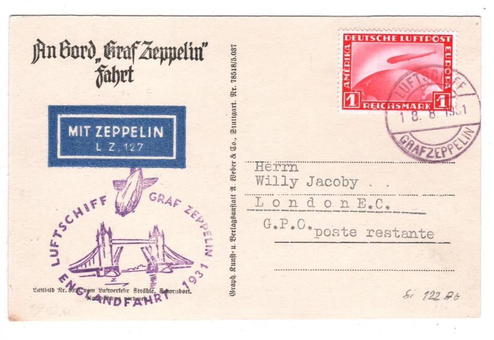 GERMANY An Bord Postcard GRAF ZEPPELIN 1m Air 1931 *ENGLANDFAHRT* London KZ210 - Image 1 of 4