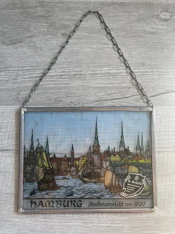 Vintage Painted Glass Hamburg Hafenansicht um 1800 Window Hanging ~ R. Schaller Cover