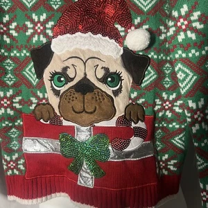 It’s Our Time Kids GRN Christmas Puppy Dog PUG Sweater Xmas Party Child Girls XL - Picture 1 of 3