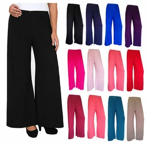 New Women Ladies Palazzo Plain Flared Wide Leg Pants leggings Baggy Trousers - Picture 1 of 21