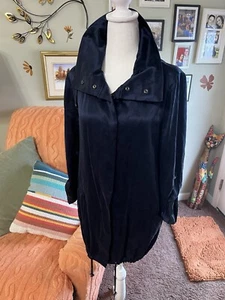 Chicos 100% Silk Roll Tab Sleeves Snap Drawstring Jacket Size 1 Navy Blue - Picture 1 of 12