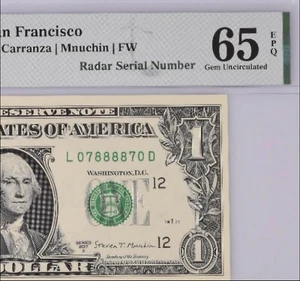 $1 Dollar Bil FRN San Francisco Trinary Radar Serial Number 0s 7s 8s PMG 65 UNC - Picture 1 of 3