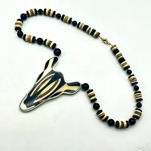 Vintage Zebra Head Necklace Wood Inlay Pendant Tribal Ethnic - Picture 1 of 7