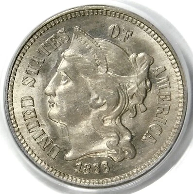 💿🤍💦🤍🔥🥰PCGS MS64 1866 3 CENT NICKEL - Image 1 of 3
