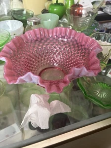 VINTAGE FENTON PINK OPALESCENT HOBNAIL RUFFLED CRIMPED RIM 10" RIM DIAMETER BOWL - Picture 1 of 1