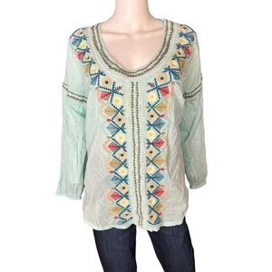 Sundance Light Blue Embroidered Beaded Boho Cotton Tunic Top M - Picture 1 of 5