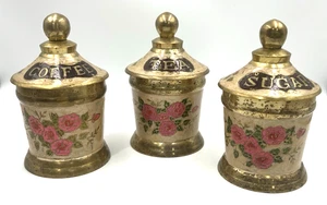 3 Brass Lidded Coffee Tea Sugar Canister Hand Painted Enamel Rose India VTG 60s - Picture 1 of 17