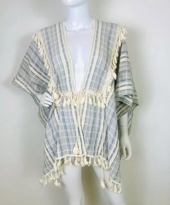 Poncho Boho Azul Rayas Mezcla Lino. Funda de playa, capa ligera de verano Foto 1 de 4