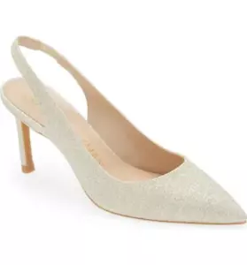 $450-STUART WEITZMAN Linsi 75 Slingback Leather Pump in Glitter Platino Size 7 - Picture 1 of 6