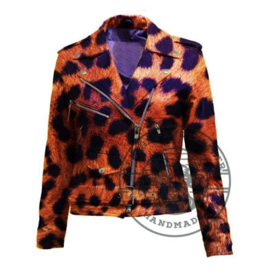 Chaqueta de cuero con estampado de leopardo personalizada para mujer, cinturón punk moda Foto 1 de 4