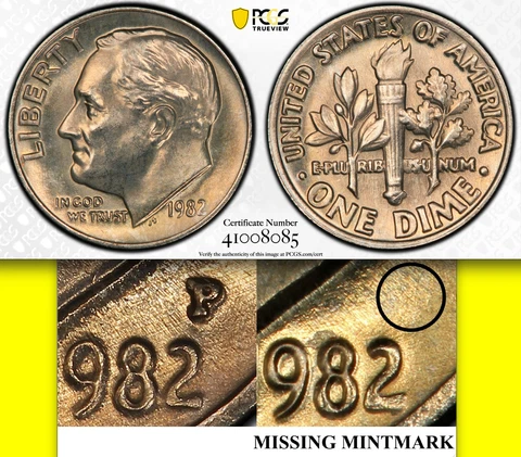 1982 "No P" PCGS MS65 FB FULL BANDS Strong █ No Mint Mark ██ Roosevelt Dime 10C Cover