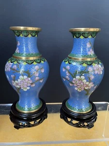 Pair Vintage Chinese Cloisonne Vases  Light Blue Cloisonne Vases - Picture 1 of 9