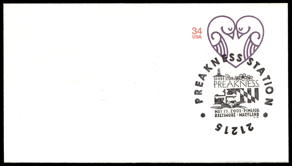 2001 US Love Letters 34¢ FDC 126th Preakness Station USPS Stamp - Image 1 of 4