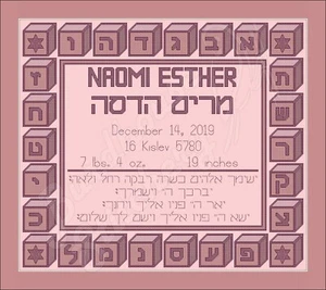 BURDHOUSE STITCHERY JUDAIC BABY BLOCK BIRTH SAMPLER - GIRL CROSS STITCH PATTERN - Picture 1 of 1