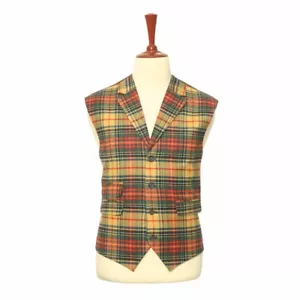 Mens Vest Suit Lapel Yellow Green Red Tartan Plaid Wool Wedding Waistcoat XL 46 - Picture 1 of 8