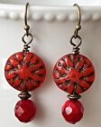 Etched Bronze And Red Dahlia Dangle Earrings. Boho Chic. Bloom