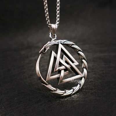 Mens Vintage Viking Talisman Valknut Dragon Pendant Necklace Stainless Steel - Image 1 of 4