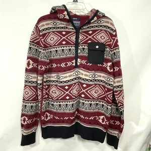 American Rag Sweatshirt Mens Medium Red Hoodie Snap Geometric Aztec Nordic Knit - Picture 1 of 7