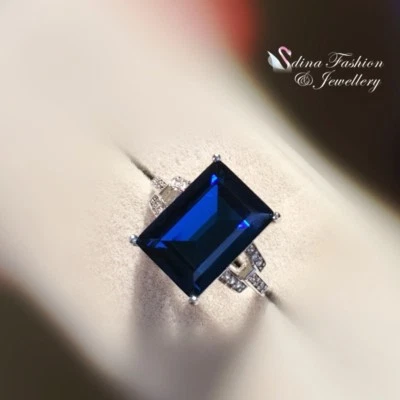 18K White Gold Filled Made With SWAROVSKI Crystal Emerald-Cut Vintage Blue Ring Foto 1 de 4