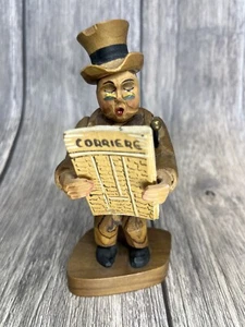 Vintage Anri Man in Top Hat Monocle Cane Newspaper Folk Art Wood Carved ITALY 6” - Picture 1 of 18