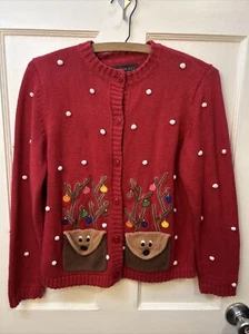 Vintage Womens Christmas Cardigan Grandmacore Reindeer Red Funny Ugly Sweater - Picture 1 of 7